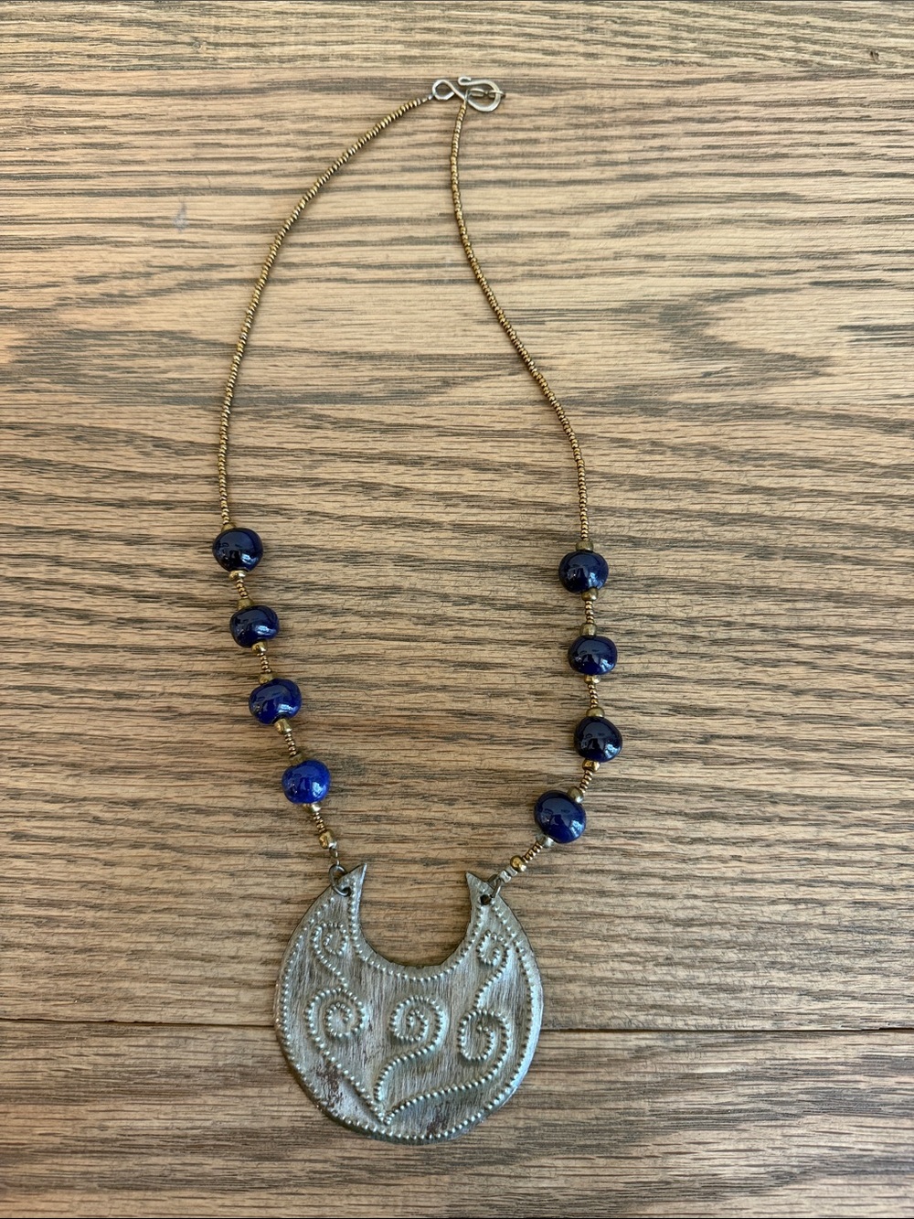 Blue Bead Necklace with Ornate Silver-Tone Crescent Pendant